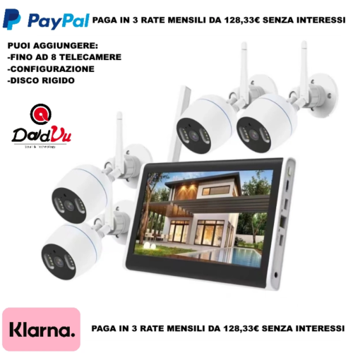 Kit Videosorveglianza IP Wifi con monotor, HD 3MP, NVR 4K e 8 Telecamere da esterno 3MP